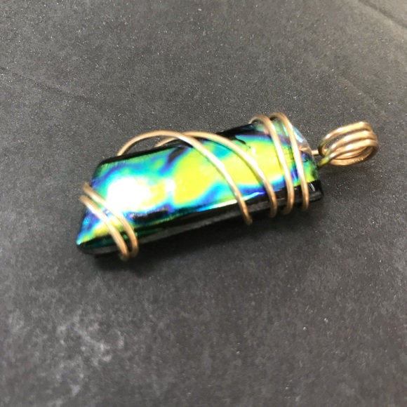 Large Black Green Blue dichroic glass Pendant Wire Wrapped GF Iridescent Artisan - Picture 3 of 8